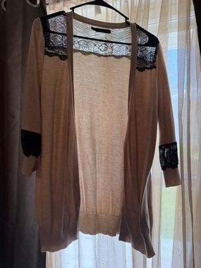Light Taupe Lace-Trim Open Cardigan Sweater - Women